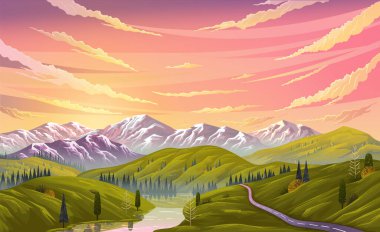 Dağlı doğal manzara, berrak gökyüzü ve nehir kıvrımlı yol boyunca akar.