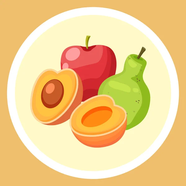 Frutas frescas naturales en círculo, manzana roja, pera verde, albaricoque cortado, postre dulce, aislado — Vector de stock