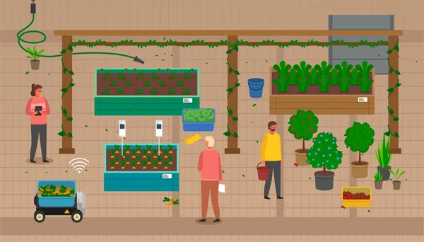 Pěstitelé využívající moderní technologie k řízení procesu pěstování ekologické zeleniny, ovocných stromů, lesních plodů — Stockový vektor