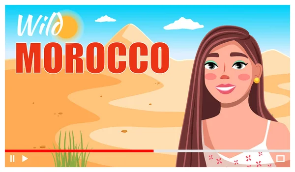Interface do leitor de vídeo vetorial. Screensaver de entrevista de menina jovem sobre Marrocos. Blog itinerante — Vetor de Stock