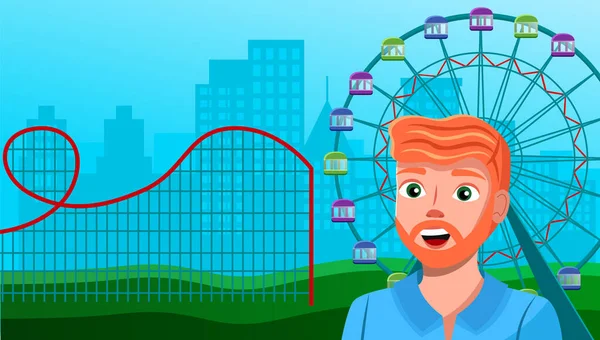 Joven barbudo sonriendo en ferris rueda parque de atracciones fondo, vector viajero foto — Vector de stock