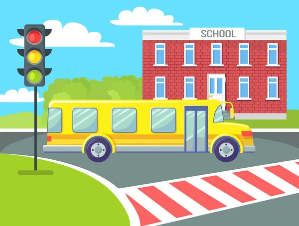 Autobús escolar amarillo en el vector de cruce peatonal — Archivo Imágenes Vectoriales