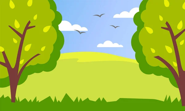 Primavera ou verão verde cartoon paisagem país com campos verdes, árvores altas e céu nublado — Vetor de Stock