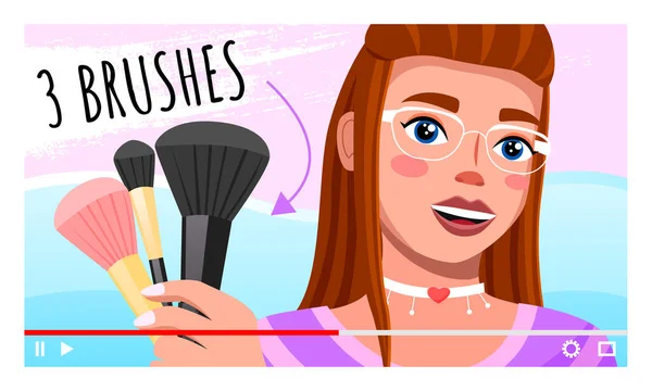 Belleza video blogger. Hermosa mujer joven creando, la publicación de videos sobre el estilo, cosméticos — Archivo Imágenes Vectoriales