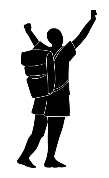 Силуэт туриста с рюкзаком с поднятыми руками, концепция путешественника покорить вершину — стоковый вектор