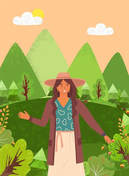Hermosa chica en un sombrero marrón en el jardín de verano. Elegante retrato de mujer joven al aire libre estilo plano — Vector de stock