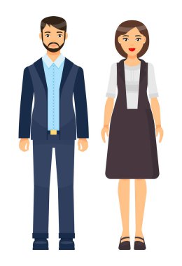 Ofis örtüsü, iş kadını ve iş adamı koleksiyonu takan bir grup karikatür çalışanı.