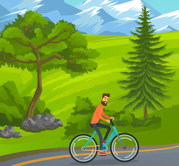 눈덮인 산에 자리잡고 있는 푸른 나무 근처의 길을 자전거를 타고 가는 행복 한 사람 — 스톡 벡터