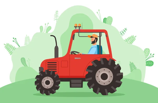 El hombre conduce un tractor en la carretera cerca del prado. Agricultor situado en agromotor en el paisaje de la naturaleza — Vector de stock