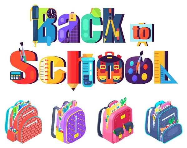 Ensemble de cartables, concept de retour à l'école, bannière vectorielle colorée. Citation des fournitures scolaires — Image vectorielle