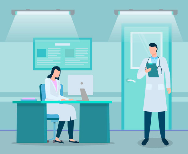 Doctors in medical office, physician with stethoscope and clipboard, therapist working with computer