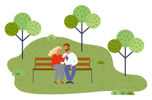 Young couple relaxing at bench in park, girl holding grape, feeding boyfriend with berries — Stock Vector