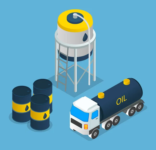 Industria petrolera, depósito de petróleo, barriles con productos petrolíferos, transporte de petróleo, símbolos industriales — Archivo Imágenes Vectoriales