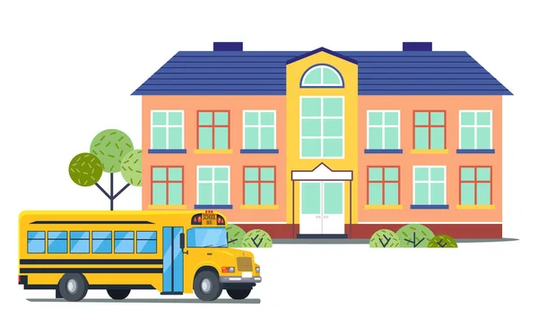 Edificio escolar con autobús escolar amarillo, iconos aislados en estilo plano, vuelta al concepto escolar — Vector de stock