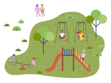 Çocuklar çocuk parkında, anaokulunda vakit geçirir, çocuklar eğlenir, yazın dışarıda dinlenir.