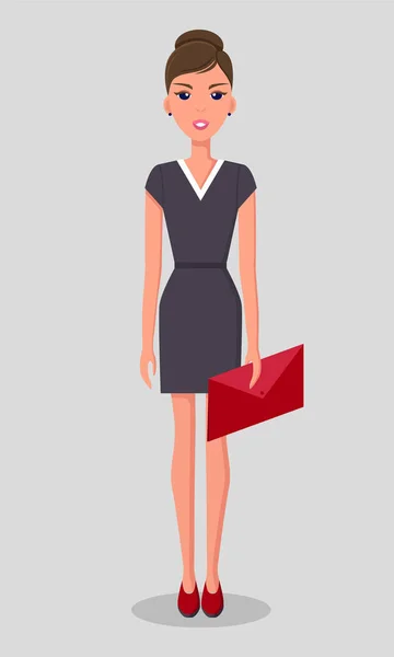 Jolie jeune femme mince en tenue de travail. Femme d'affaires souriante debout avec un dossier dans les mains — Image vectorielle