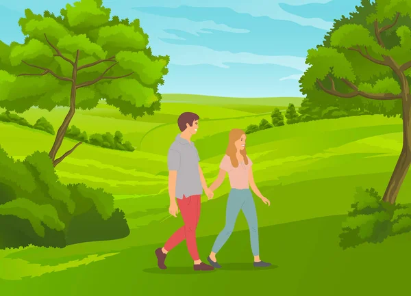 Feliz en el amor pareja caminando al aire libre en verdes colinas fondo de la naturaleza, pasar tiempo libre juntos — Vector de stock