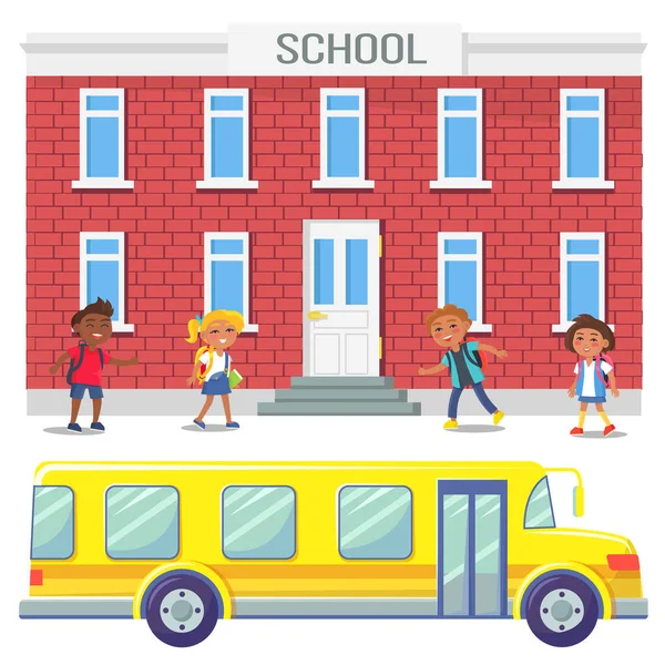 Bus School Riding Kids, Education Establishment — Stock Vector