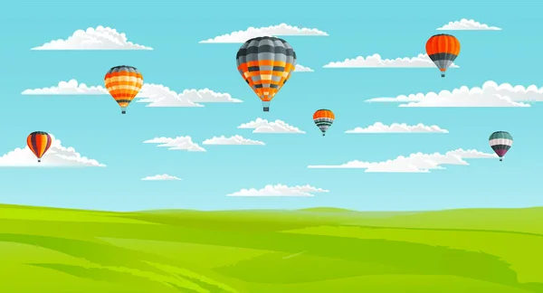Krásná krajina se zeleným trávníkem a panorama s mraky, létající vzduchové balóny, letní čas — Stockový vektor
