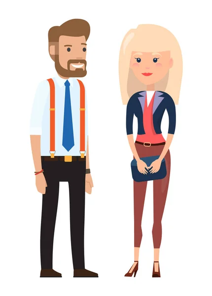 Стильные бизнесмены носят офисный дресс-код, персонажи переднего вида, деловую женщину и мужчину — стоковый вектор