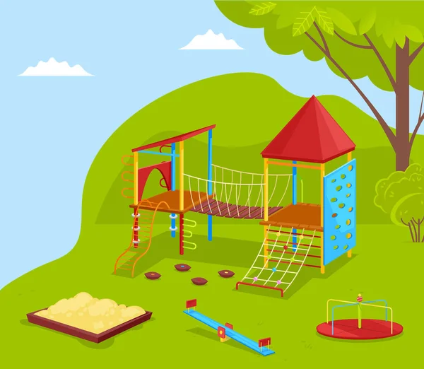 Swing, Carousel, Slide Vector 와 함께 학교 공습 장 — 스톡 벡터