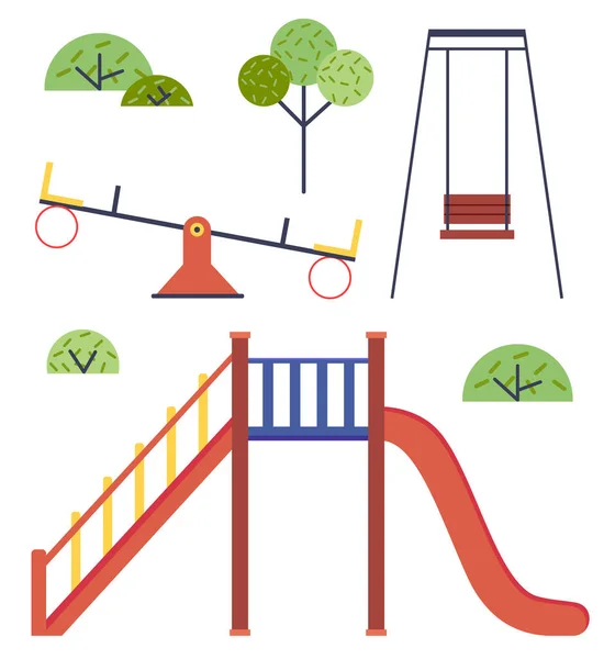 Parque infantil isolado, conjunto de ilustrações vetoriais sem pessoas, slide, carrossel para cima e para baixo, balanço — Vetor de Stock