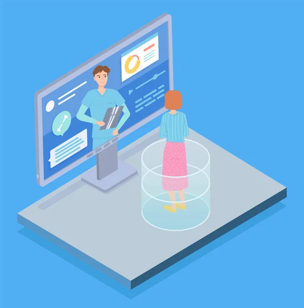 Isometric 3d affichage d'ordinateur avec le site Web médical, consultation de patiente de femme avec des scies — Image vectorielle