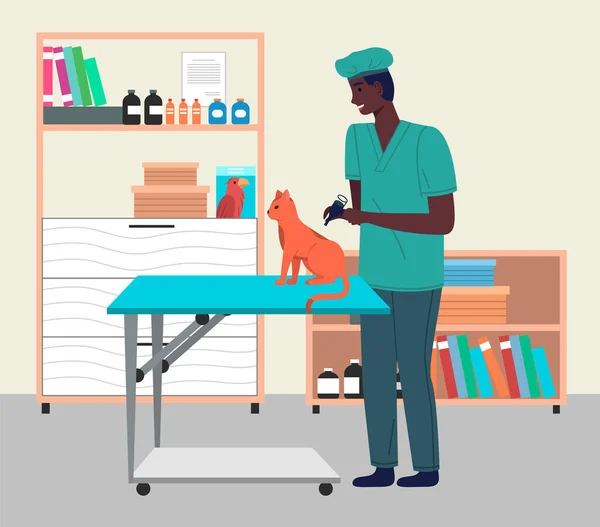 Ветеринарная помощь, ветеринар черный мужчина проверяет здоровье домашнего питомца, делают вакцину оранжевой кошке — стоковый вектор