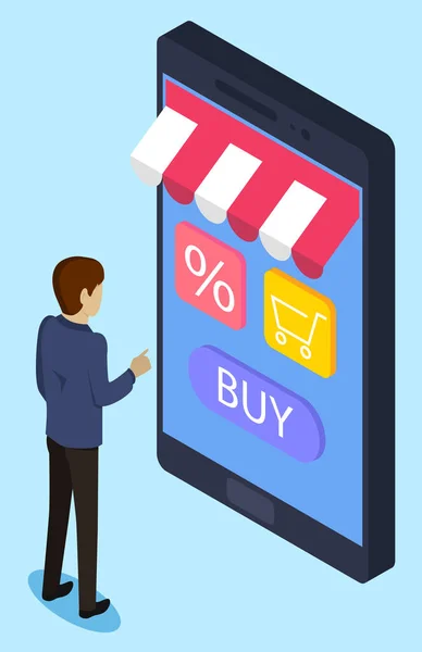 Man Shopping Online Använda smartphone med Store — Stock vektor