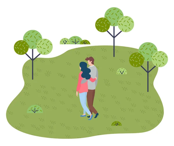 Feliz no amor casal andando no parque, pessoas andando na natureza abraçando uns aos outros, tempo de lazer — Vetor de Stock