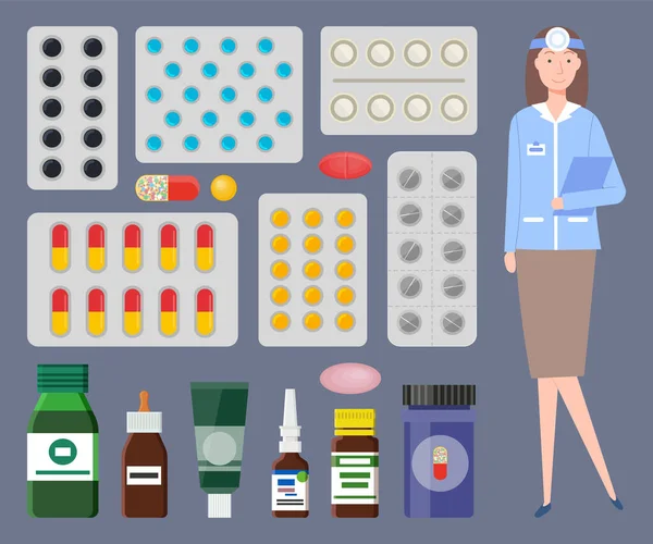 Medizinisches Personal, HNO-Arzt, medizinische Web-Ikonen bunte Teller mit Pillen, Tabletten, Flaschen — Stockvektor