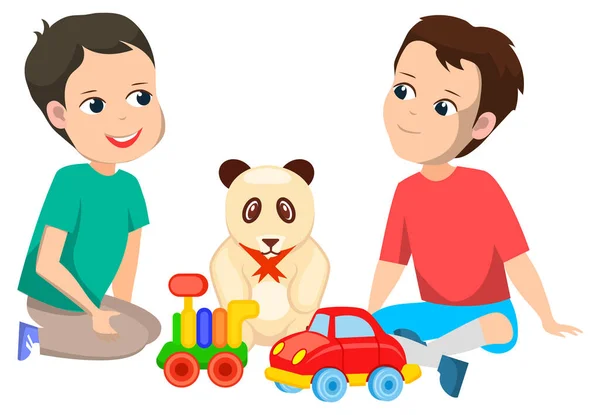 Boys with Toys Sitting on Floor, Cars and Bear — Stock Vector