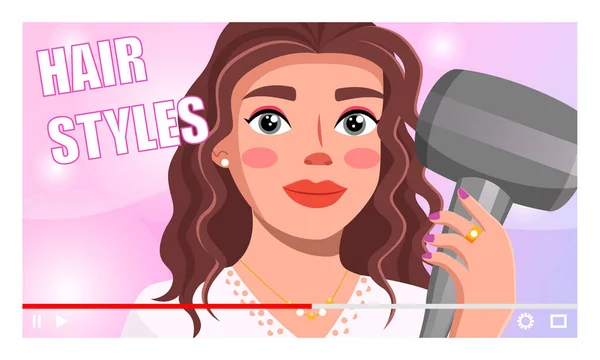 Wanita cantik memegang pengering rambut menceritakan tentang lifehacks dan rahasia gaya rambut, kecantikan blogger - Stok Vektor