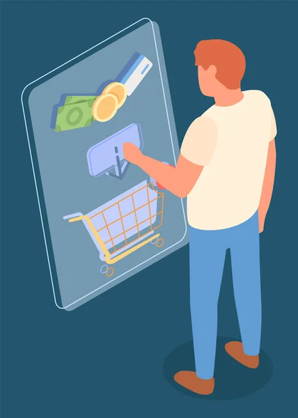 Чоловік покупця вибирає товар в інтернет-магазині, кладе його в кошик на сайті, ізометричний 3d — стоковий вектор