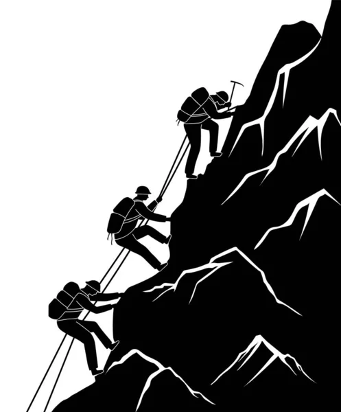 Silüet seyahat eden insanlar. Dağa tırmanıyorum. Vektör illüstrasyon yürüyüş ve tırmanma takımı — Stok Vektör