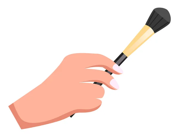 Weibliche Hand hält Make-up-Pinsel, Pinsel für Puder oder Lidschatten, kosmetisches Werkzeug oder Instrument — Stockvektor
