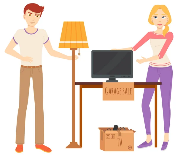 Man and Woman Selling Items at Garage Sale Vector — Stock Vector