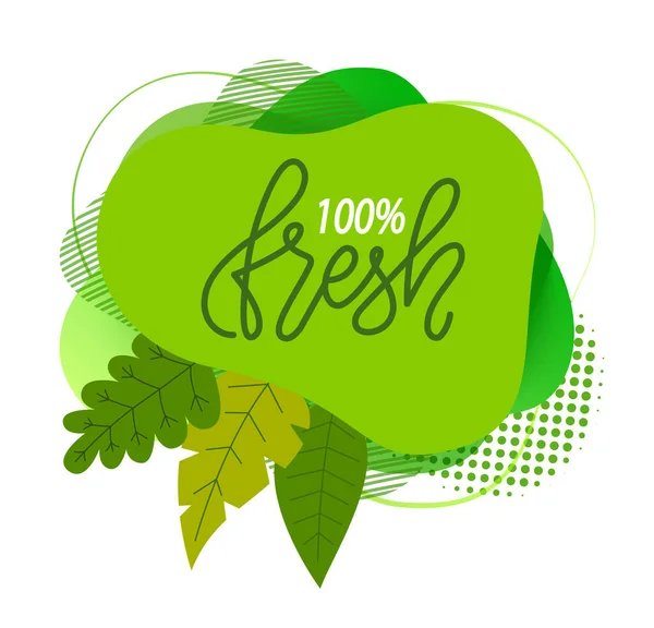 Produto natural, 100 banner de cartaz fresco, design ecológico, folhas verdes, adesivo, logotipo, rótulo —  Vetores de Stock