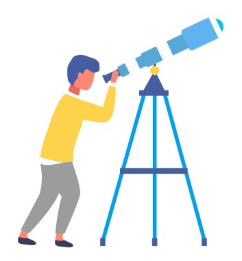 Teleskoplu küçük bir çocuğun beyaz karikatür portresi, uzayı keşfeden bir çocuk, yıldızlar.