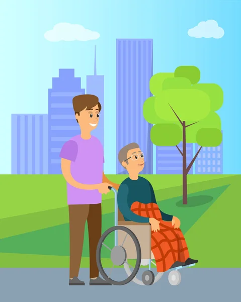 义工帮助轮椅上的老奶奶不能走路 — 图库矢量图片