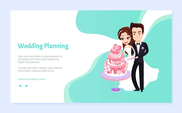 Bruiloft Planning bruid en bruidegom met Cake Web — Stockvector