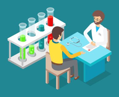 Doktora danışma, sandalyede oturan bir adam, doktorla konuşma, izometrik test tüpleri.