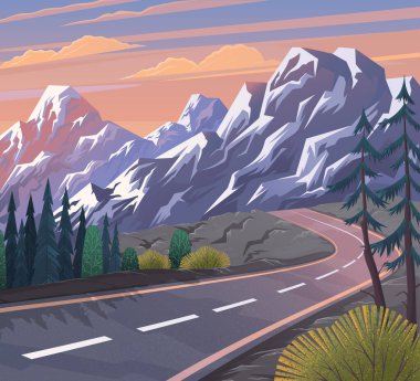 Dağa giden yol. Asfalt yolu olan manzara ormandan dağlara geçiyor.