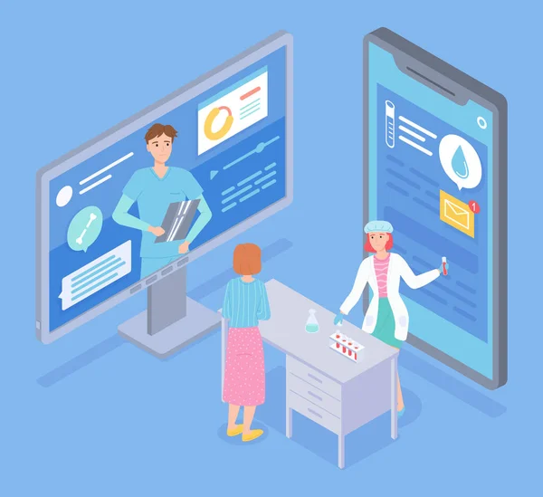 Konsultasi online dengan dokter, ssistant laboratorium menunjukkan hasil analisis, aplikasi medis, pesan pendapatan - Stok Vektor