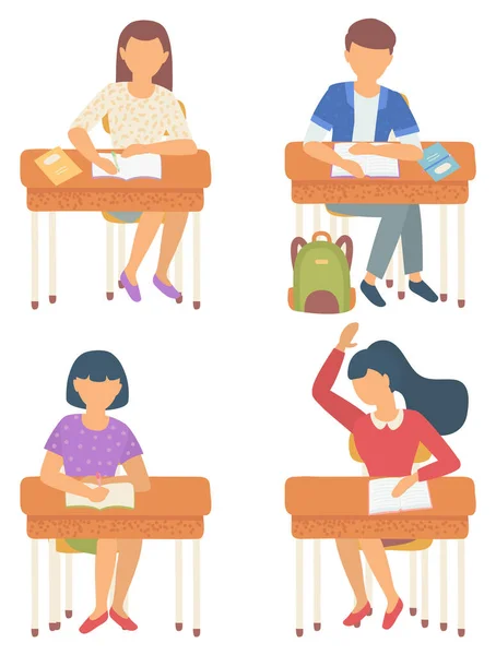 School Classmates Sitting by Desks at Lessons — Stock Vector