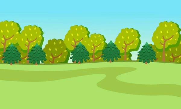 Frühling oder Sommer grüne Cartoon-Landschaft mit grünen Feldern und Straße entlang des Waldes — Stockvektor