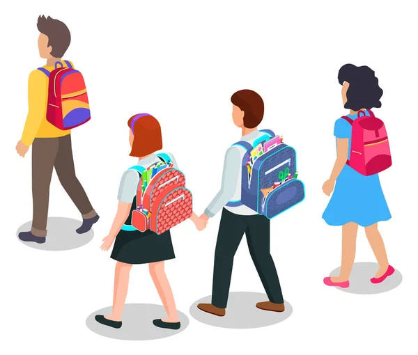 เด็ก ๆ ไปโรงเรียนพร้อมกระเป๋าเป้สะพายหลัง การศึกษา — ภาพเวกเตอร์สต็อก