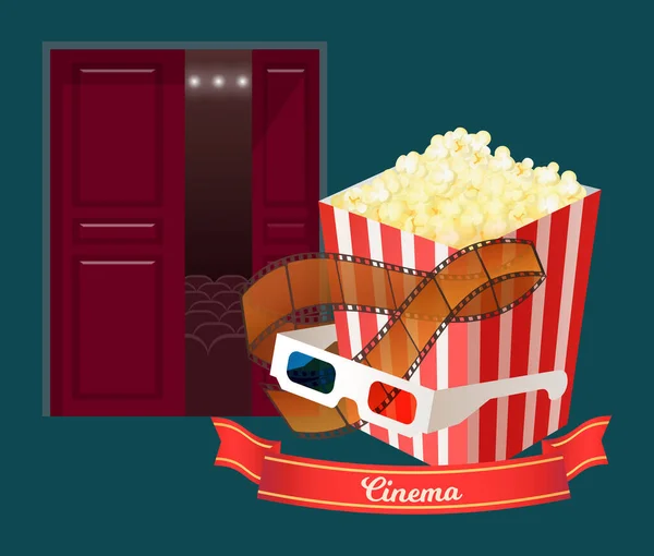 Cinema Hall met popcorn in pakket en glazen — Stockvector