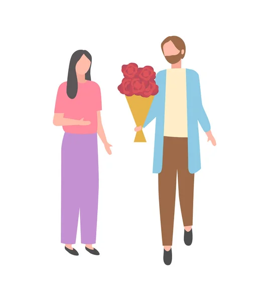 Flört eden çift, çiçek buketli adam ve kadın. — Stok Vektör