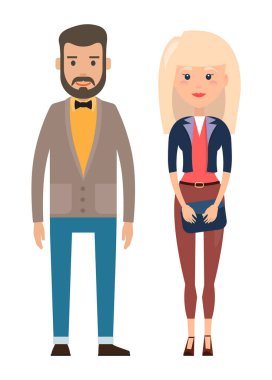 Ofis kıyafetleri giyen şık iş adamları. İş kadınları ve işadamları şık ofis elbiseleri giyiyorlar.